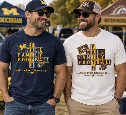 Faith & Sport | Fall Family Football — T-Shirt Faith Runs Through It-Western Michigan Edition | Veteran-Owned Small Business | Liberty & Victory Co.