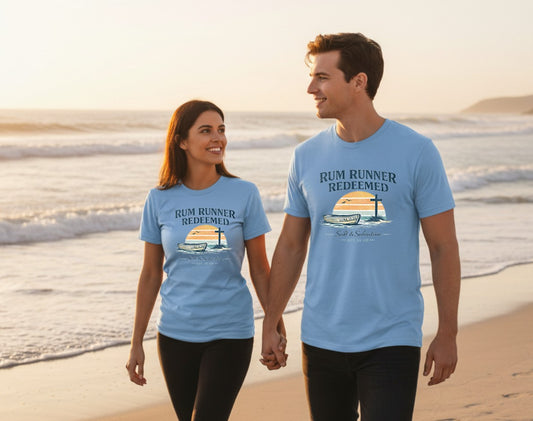Christian Coastal T-Shirt | Rum Runner Redeemed Pastel Sunset Cross Salt & Salvation Boat Graphic Tee | Liberty & Victory