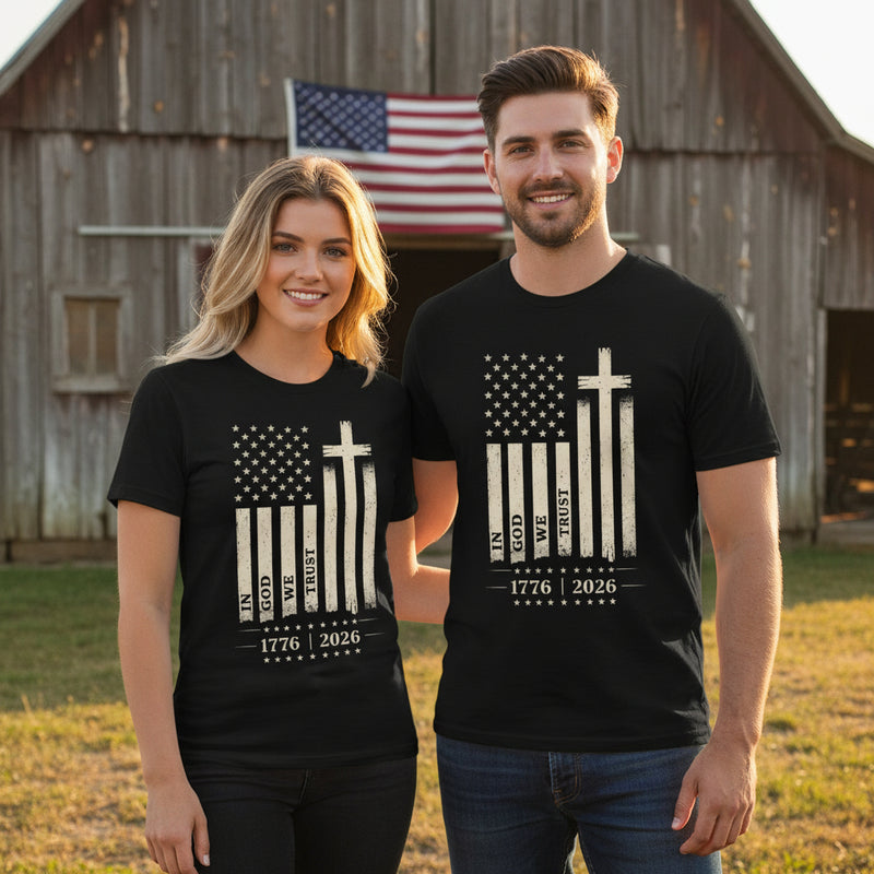 Christian Patriotic T-Shirt | In God We Trust Flag Cross 1776 Vintage Tee | Liberty & Victory
