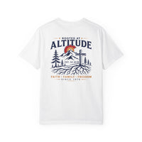 Christian T-Shirt | Rooted at Altitude | Front + Back | Cross + Mountain Roots | Faith • Family • Freedom | Wonder & Wander | Signature Line | Veteran-Owned | Liberty & Victory Co.