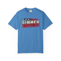Patriotic Faith | SINNER COVERED — Heritage Garment-Dyed T-Shirt Distressed Americana Flag Faith Declaration | Veteran-Owned Small Business | Liberty & Victory Co.