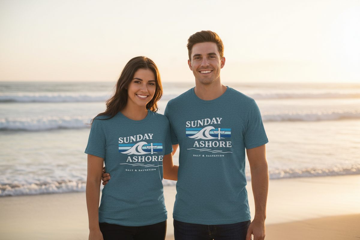 Sunday Ashore Beach Tee | Coastal Surf Faith T-Shirt