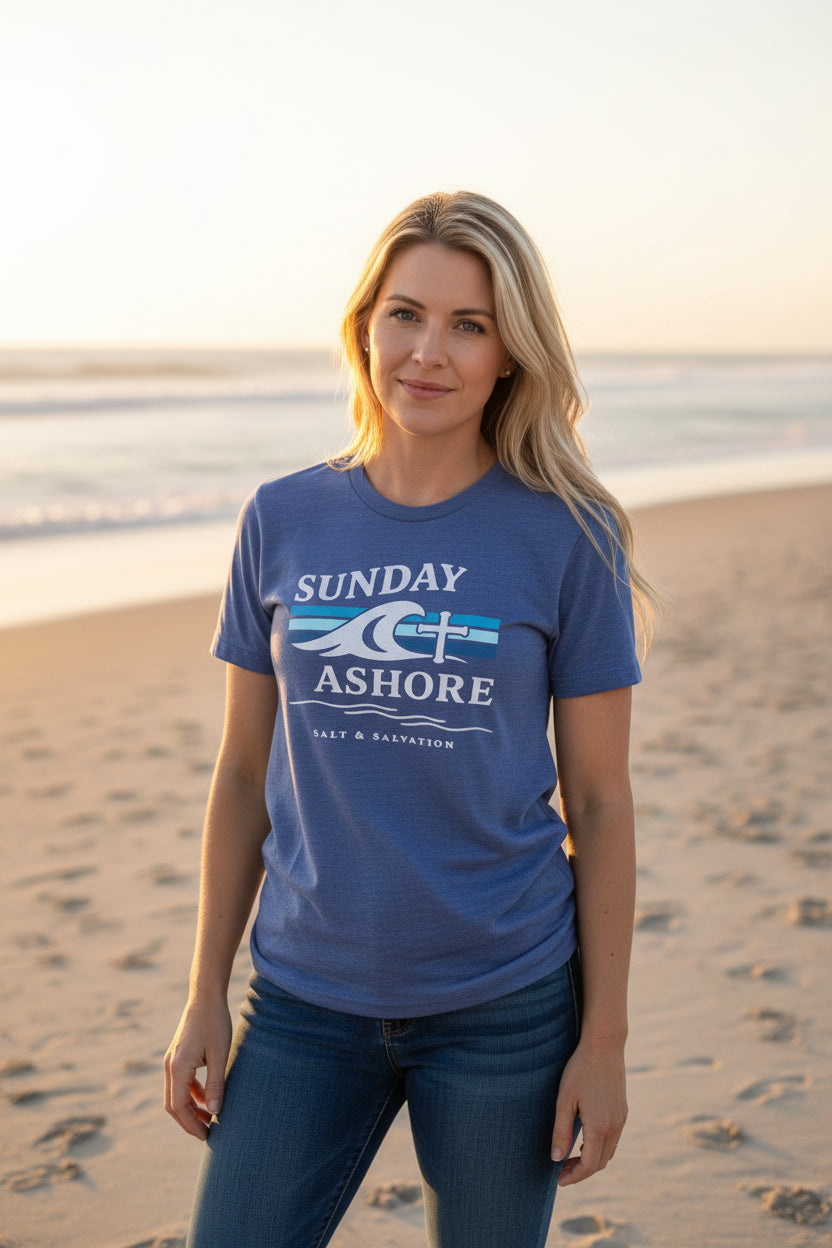Sunday Ashore Beach Tee | Coastal Surf Faith T-Shirt