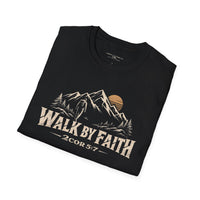 Christian | Walk by Faith — T-Shirt 2 Corinthians 5:7 Mountain Hiker Graphic | Veteran-Owned Small Business | Liberty & Victory Co.