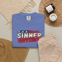 Patriotic Faith | SINNER COVERED — Heritage Garment-Dyed T-Shirt Distressed Americana Flag Faith Declaration | Veteran-Owned Small Business | Liberty & Victory Co.