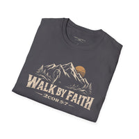 Christian | Walk by Faith — T-Shirt 2 Corinthians 5:7 Mountain Hiker Graphic | Veteran-Owned Small Business | Liberty & Victory Co.