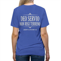 Patriotic Faith T-Shirt | Deo Servio Rejected Stamp Ultra-Premium Tri-Blend Tee | Liberty-In-One | Liberty & Victory