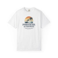 Christian Beach T-Shirt | Parrotheads & Parables Retro Palm Cross Sunset Garment-Dyed Tee | Salt & Salvation | Liberty & Victory