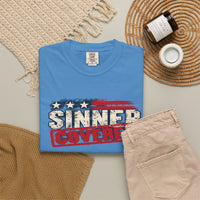 Patriotic Faith | SINNER COVERED — Heritage Garment-Dyed T-Shirt Distressed Americana Flag Faith Declaration | Veteran-Owned Small Business | Liberty & Victory Co.