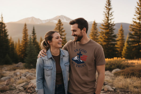 In God We Trust Christian Cross Mountain Tee | Faith Patriotic Shirt