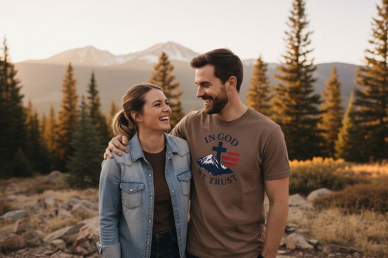 In God We Trust Christian Cross Mountain Tee | Faith Patriotic Shirt