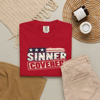 Patriotic Faith | SINNER COVERED — Heritage Garment-Dyed T-Shirt Distressed Americana Flag Faith Declaration | Veteran-Owned Small Business | Liberty & Victory Co.
