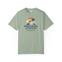 Christian Beach T-Shirt | Parrotheads & Parables Retro Palm Cross Sunset Garment-Dyed Tee | Salt & Salvation | Liberty & Victory
