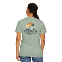 Christian Beach T-Shirt | Salt & Salvation Parrotheads Retro Palm Sunset Garment-Dyed Tee | Liberty & Victory