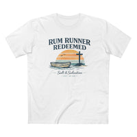 Christian Coastal T-Shirt | Rum Runner Redeemed Pastel Sunset Cross Salt & Salvation Boat Graphic Tee | Liberty & Victory