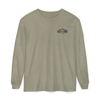 Mountain Faith | Fearless Altitude Since 33 AD — Garment-Dyed Long Sleeve Altitude Cross Graphic | Veteran-Owned Small Business | Liberty & Victory Co.