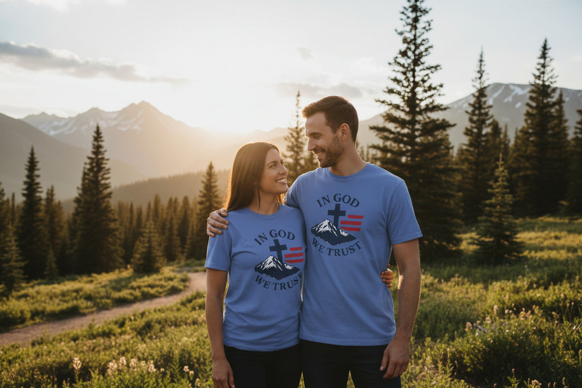 In God We Trust Christian Cross Mountain Tee | Faith Patriotic Shirt