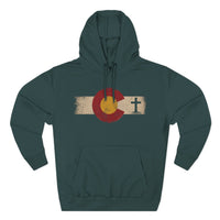 Christian Hoodie | Rooted in Faith | Colorado Flag | Distressed Three-Panel State Logo | Wonder & Wander | Signature Line | Veteran-Owned | Liberty & Victory Co.