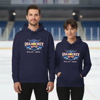 Navy hoodie with USA Hockey logo and text on a white background
