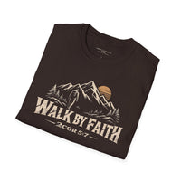 Christian | Walk by Faith — T-Shirt 2 Corinthians 5:7 Mountain Hiker Graphic | Veteran-Owned Small Business | Liberty & Victory Co.