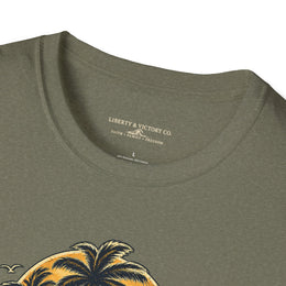 Coastal Faith | Salt & Salvation — T-Shirt Tropical Palm Island Sunset Graphic | Veteran-Owned Small Business | Liberty & Victory Co.