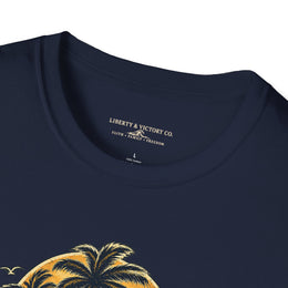 Coastal Faith | Salt & Salvation — T-Shirt Tropical Palm Island Sunset Graphic | Veteran-Owned Small Business | Liberty & Victory Co.