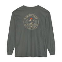 Coastal Faith | Not All Who Wander Are Lost — Garment-Dyed Long Sleeve Tee | Compass + Mountain Badge | Veteran-Owned Small Business | Liberty & Victory Co.