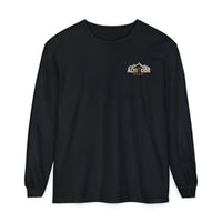 Mountain Faith | Fearless Altitude Since 33 AD — Garment-Dyed Long Sleeve Altitude Cross Graphic | Veteran-Owned Small Business | Liberty & Victory Co.