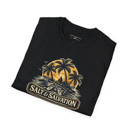 Coastal Faith | Salt & Salvation — T-Shirt Tropical Palm Island Sunset Graphic | Veteran-Owned Small Business | Liberty & Victory Co.
