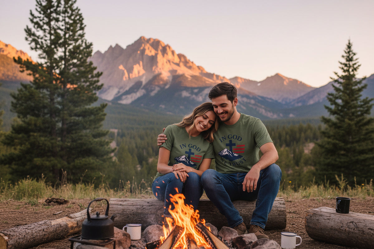In God We Trust Christian Cross Mountain Tee | Faith Patriotic Shirt