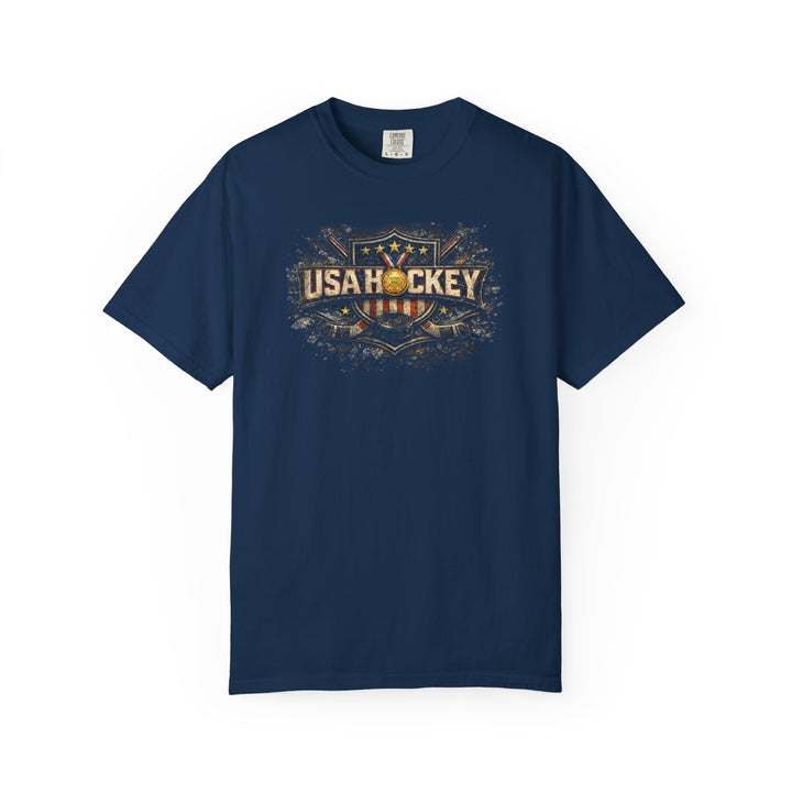 Michigan Connection Hockey Gold T-Shirt | Vintage Milan 2020 Design | Garment-Dyed Cotton | Liberty & Victory