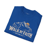 Christian | Walk by Faith — T-Shirt 2 Corinthians 5:7 Mountain Hiker Graphic | Veteran-Owned Small Business | Liberty & Victory Co.