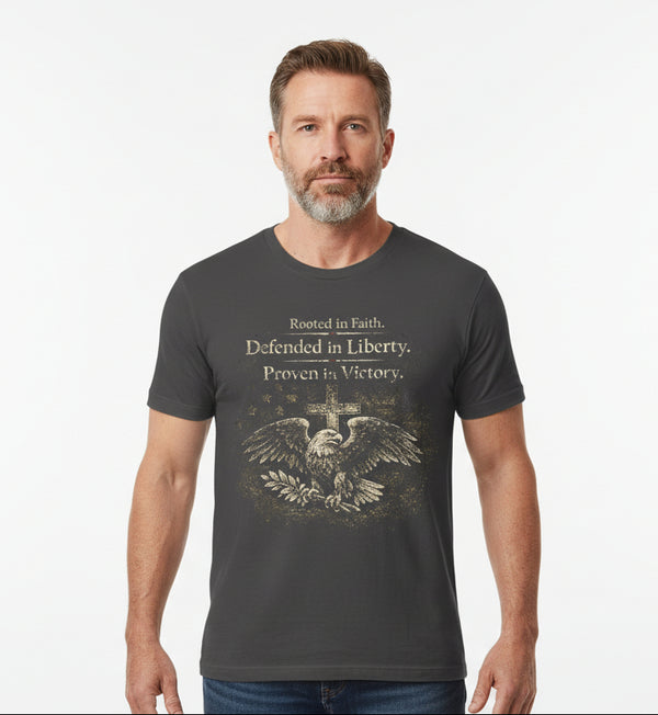 Christian Patriotic T-Shirt | Rooted in Faith Eagle Tee | Designed & Delivered in the USA | Liberty & Victory