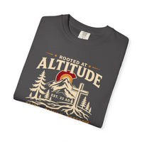 Christian T-Shirt | Rooted in Altitude & Faith | Mountain + Rising Sun | Garment-Dyed | Wonder & Wander | Signature Line | Veteran-Owned | Liberty & Victory Co.