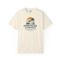 Christian Beach T-Shirt | Parrotheads & Parables Retro Palm Cross Sunset Garment-Dyed Tee | Salt & Salvation | Liberty & Victory