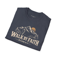 Christian | Walk by Faith — T-Shirt 2 Corinthians 5:7 Mountain Hiker Graphic | Veteran-Owned Small Business | Liberty & Victory Co.