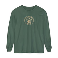 Coastal Faith | Not All Who Wander Are Lost — Garment-Dyed Long Sleeve Tee | Compass + Mountain Badge | Veteran-Owned Small Business | Liberty & Victory Co.