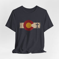 Christian T-Shirt | Colorado Flag Cross | Faith & State Graphic Tee | 1776 Founders Line | Veteran-Owned | Liberty & Victory Co.