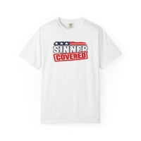 Patriotic Faith | SINNER COVERED — Heritage Garment-Dyed T-Shirt Distressed Americana Flag Faith Declaration | Veteran-Owned Small Business | Liberty & Victory Co.