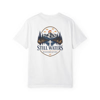 Christian T-Shirt | Still Waters | He Restores My Soul | Psalm 23 | Mountain Lake + Cross | Wonder & Wander | Signature Line | Veteran-Owned | Liberty & Victory Co.