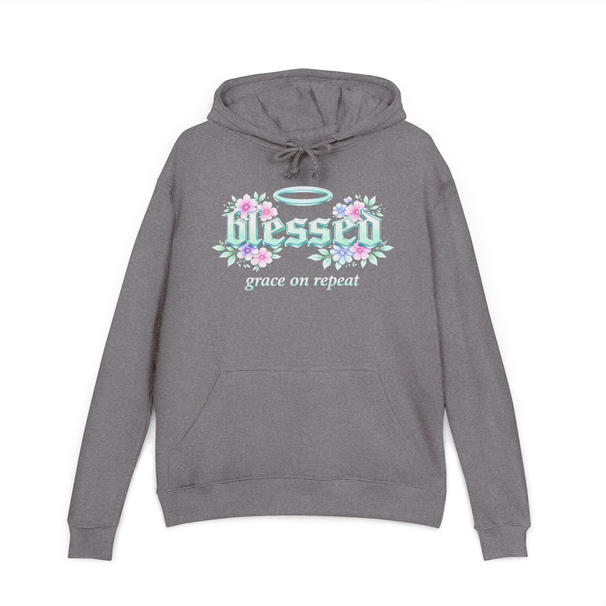 Blessed Hoodie — "Blessed: Grace on Repeat" Floral Christian Pullover