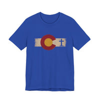Christian T-Shirt | Colorado Flag Cross | Faith & State Graphic Tee | 1776 Founders Line | Veteran-Owned | Liberty & Victory Co.