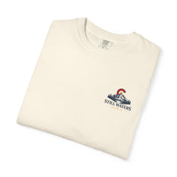 Christian T-Shirt | Still Waters | He Restores My Soul | Psalm 23 | Mountain Lake + Cross | Wonder & Wander | Signature Line | Veteran-Owned | Liberty & Victory Co.