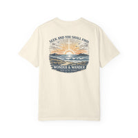 Christian T-Shirt | Seek and You Shall Find Sunrise Compass Garment-Dyed Tee | Wonder & Wander | Liberty & Victory