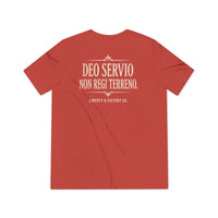 Patriotic Faith T-Shirt | Deo Servio Rejected Stamp Ultra-Premium Tri-Blend Tee | Liberty-In-One | Liberty & Victory