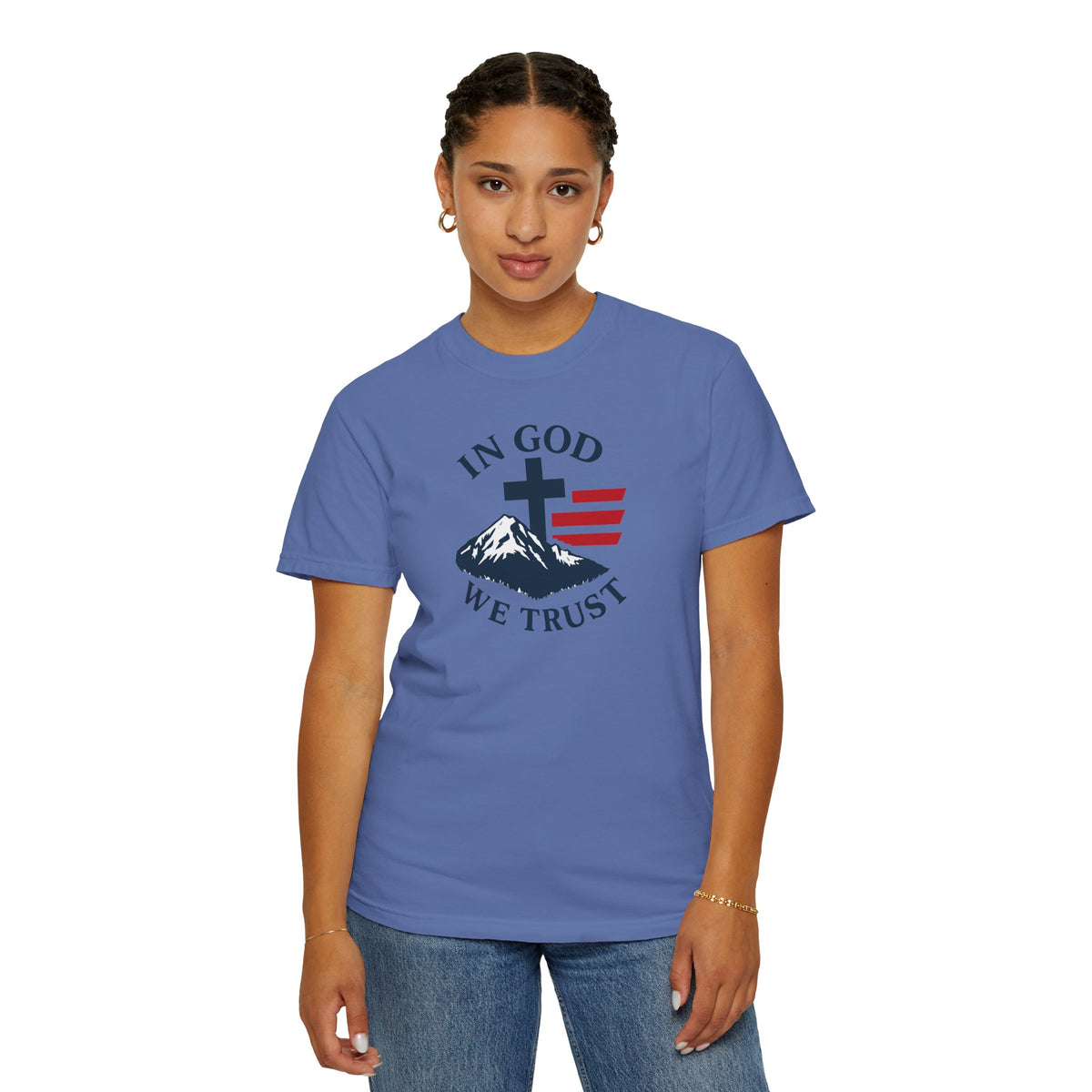 In God We Trust Christian Cross Mountain Tee | Faith Patriotic Shirt