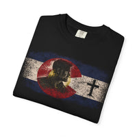 Colorado Flag Victor T-Shirt — Distressed Colorado Flag with Victor& Cross Accent