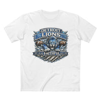 White t-shirt with Detroit Lions graphic design on a white background