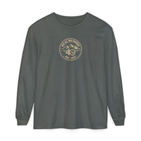 Coastal Faith | Not All Who Wander Are Lost — Garment-Dyed Long Sleeve Tee | Compass + Mountain Badge | Veteran-Owned Small Business | Liberty & Victory Co.