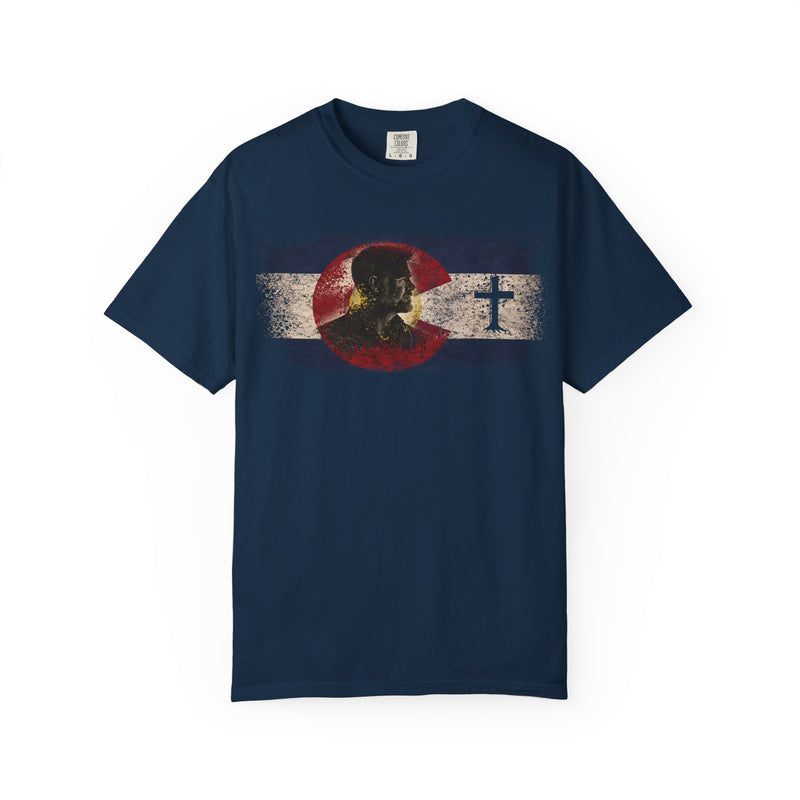 Colorado Flag Victor T-Shirt — Distressed Colorado Flag with Victor& Cross Accent